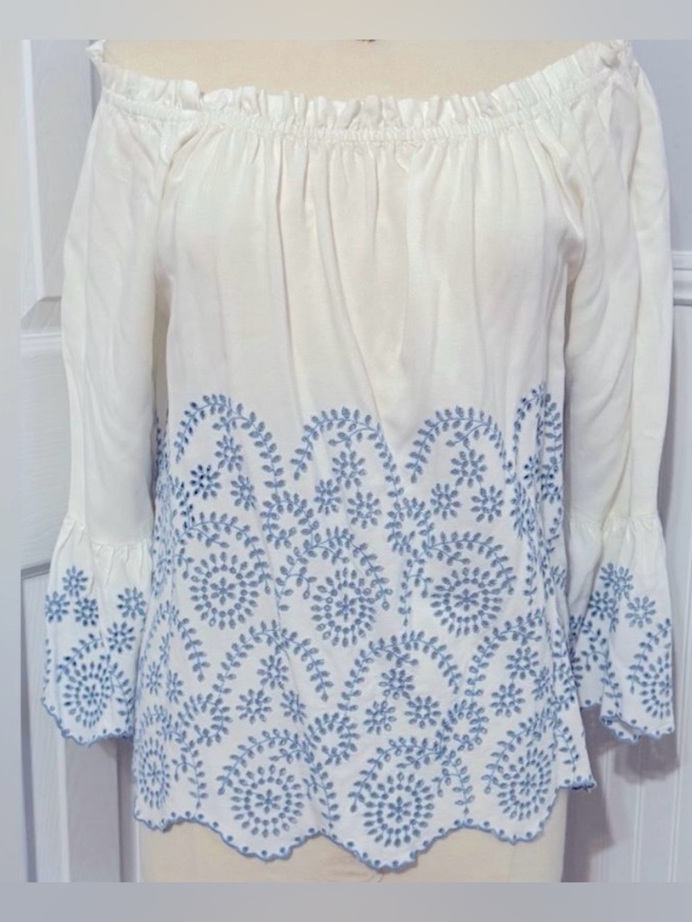Karen Kane Off-Shoulder White Top with Blue Embroidered Detail